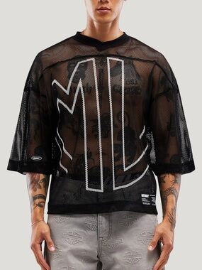 Men's Black Mesh Short Sleeve Tee with White Graphic